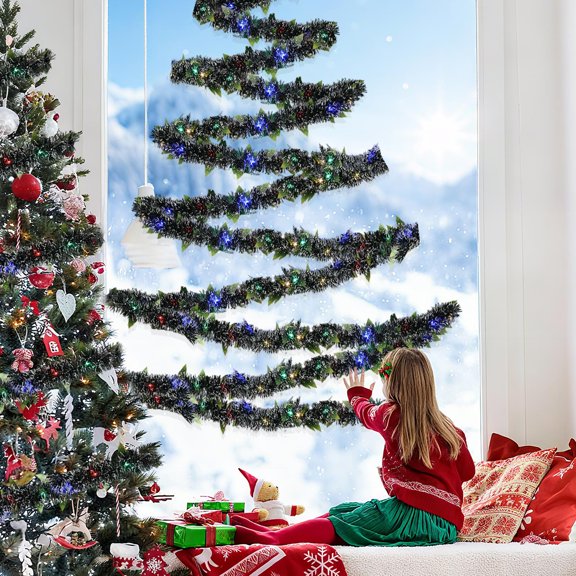 Yhmxh 9.8FT Christmas Garland Lighted Metallic Twist Tree Decoration Prelit Battery Operated 30 LED Hanging Garland Xmas Tree Decor Xmas Garland for Ceiling Indoor Outdoor Christmas Tree Decorations