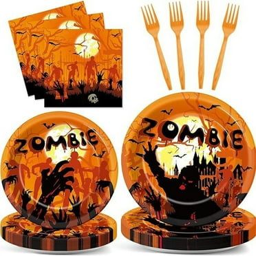 Yhmxh 96Pcs Halloween Party Supplies Disposable Tableware Set Halloween Plates Cups Napkin Spoon Fork Knives Banner Plastic Tablecloth Dinnerware Kit for Halloween Decorations Themed Party Decor