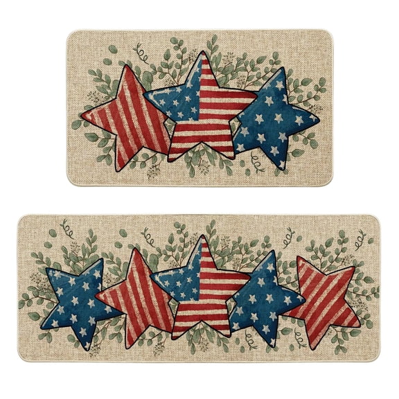 Yhmxh American Flag Kitchen Mats Set of 2, Non Slip Stars Eucalyptus Leaves Patriotic 4th of July Kitchen Rugs Set , Memorial Day USA Floor Door Mat Home Decorations - 16x24 and 16x47 Inch