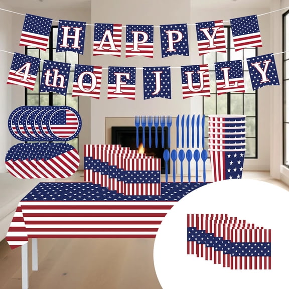 Yhmxh American Flag Party Supplies Set, Serves 24 – Disposable Patriotic Paper Plates, Tablecloth, Napkins, USA Flag Banner, Spoons and Forks, 4th of July-Themed Tableware for Independence Day BBQ