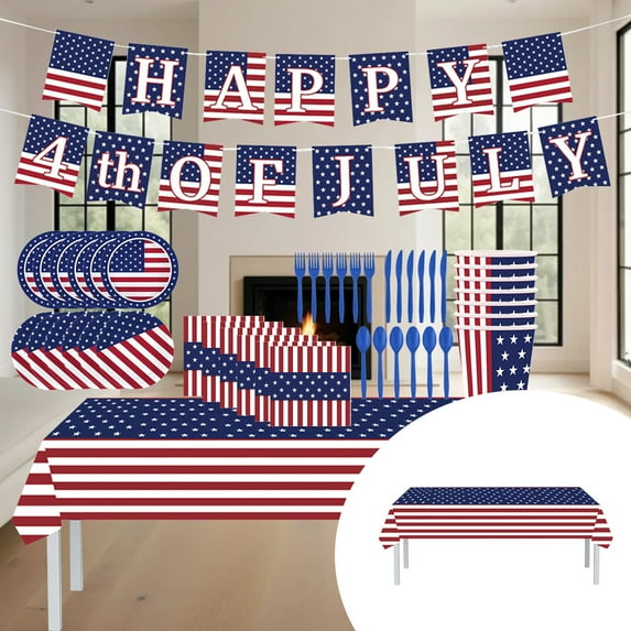 Yhmxh American Flag Party Supplies Set, Serves 24 – Disposable Patriotic Paper Plates, Tablecloth, Napkins, USA Flag Banner, Spoons and Forks, 4th of July-Themed Tableware for Independence Day BBQ