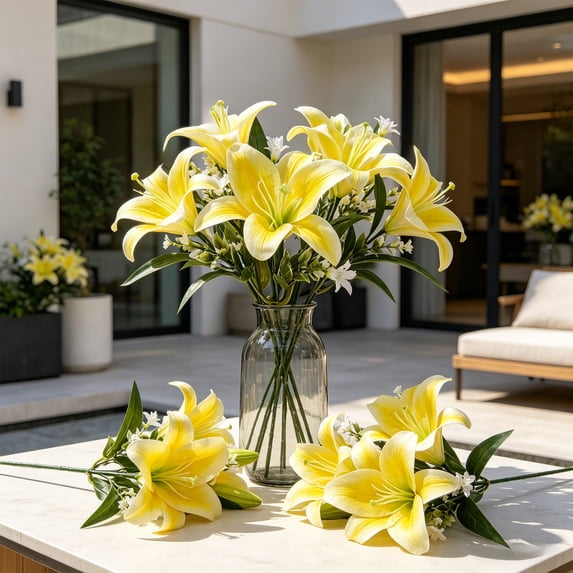 Yhmxh Artificial Lily Flower Stems with Green Leaves, Realistic Faux Lilies Bouquet Decor, Long Stems Silk Fake Lily Arrangement for Vase Home Table Centerpiece Wedding Party Garden Outdoor Decor