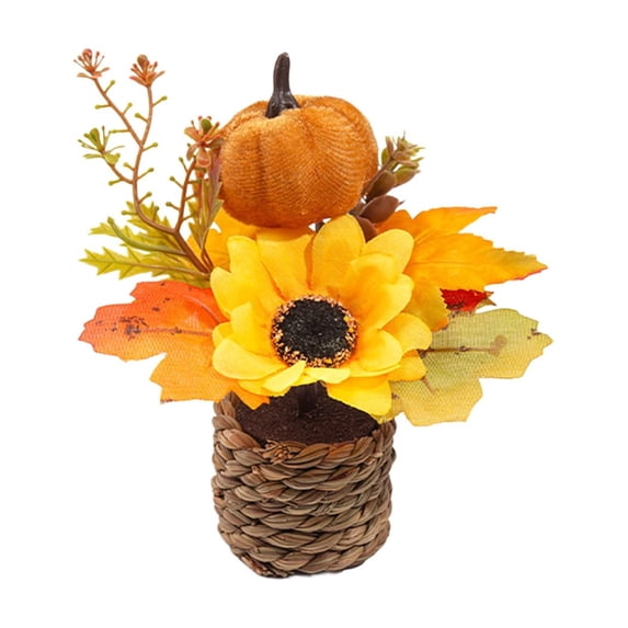 Yhmxh Artificial Pumpkin Sunflower Table Centerpiece, Mini Woven Basket Autumn Floral Arrangement, Harvest Halloween Desktop Decor with Maple Leaves for Home Shelf Mantel Party Tabletop Decoration