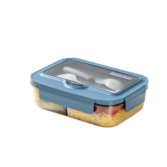 Yhmxh Bento Box Adult Lunch Box, Transparent Lunch Containers with 3 Compartments, Meal Prep Food Container for Women, Salad Box with Tableware, Microwave & Dishwasher Safe(Blue)