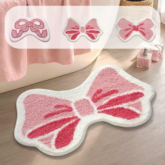 Yhmxh Bow Rug Pink Bath Mat Bathroom Rugs, Non Slip Cute Bath Rugs Microfiber Plush Bow Decor, Valentine's Day Room Decor Washable Absorbent Girl’s Bedside Rug for Bathtub Sink 24"x16"