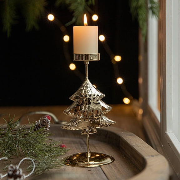 Yhmxh Candle Holders Christmas Decor: 6.7 In Gold Christmas Tree Candlestick for Taper Table Centerpiece Festive Ornaments Mantel Home Wedding Party Christmas Decorations on