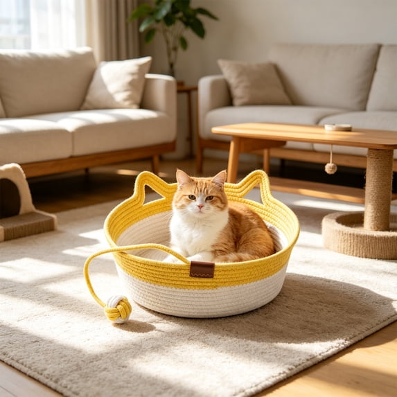 Yhmxh Cat Bed Basket with Knotted Toy Ball, Breathable Cotton Rope Kitten Sleeping Nest, Washable Cat Cave Bed, Durable Cozy Pet Sleeping Cradle for Indoor Cats Small Kittens Rest Playing Home Decor