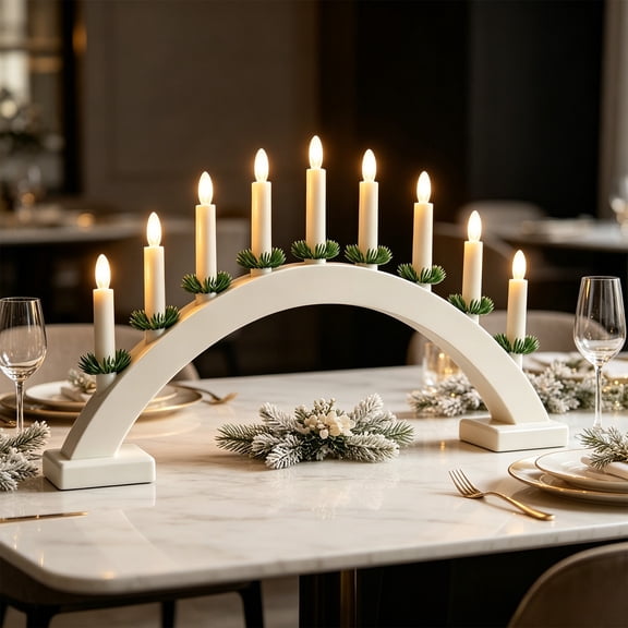 Yhmxh Christmas Arch LED Candle Bridge Light, Warm Lights Candelabra with 9 Flickering Flameless Lights, Festive Window Tabletop Lamp for Xmas Table Centerpiece Home Mantel Shelf Decor