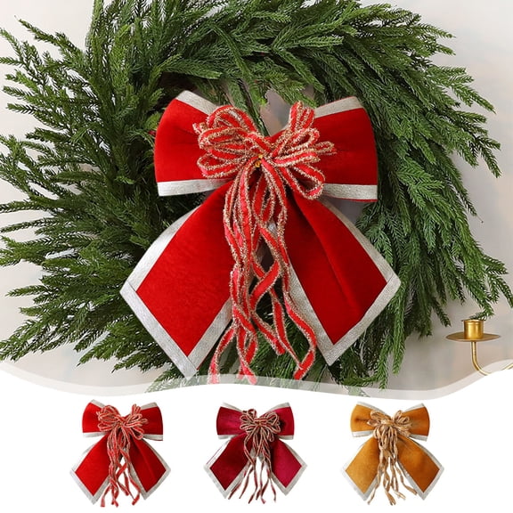 Yhmxh Christmas Bows for Wreath, Santa Wreath Bows with Glitter Silver Edge for Front Door Decor, Large Christmas Tree Toppers Bow for Winter Party & NewYear Decoration Christmas Party Supplies