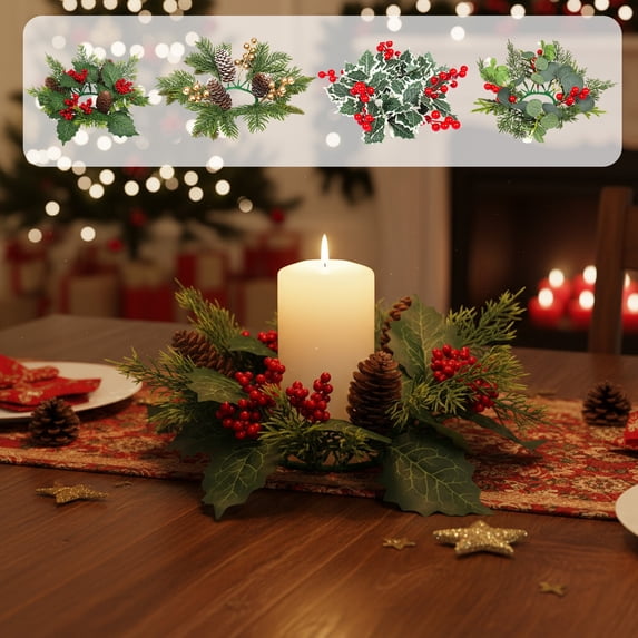 Yhmxh Christmas Candle Rings Wreaths, 3.14 Inches Christmas Candle Holder Wreaths with Artificial Cedar Berries, Xmas Candle Garlands Table Centerpieces Kitchen Decors for Wedding Decorations Indoor