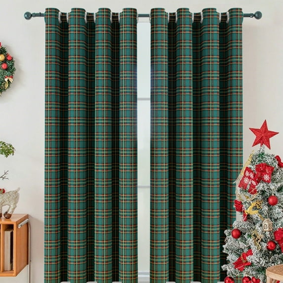 Yhmxh Christmas Check Plaid Curtains Scottish Tartan Striped Xmas Decorative Window Curtain Panel Light Filtering Farmhouse Grommet Drapes for Kitchen Living Room, 1 Panels 72"x52"