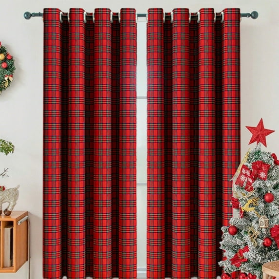 Yhmxh Christmas Check Plaid Curtains Scottish Tartan Striped Xmas Decorative Window Curtain Panel Light Filtering Farmhouse Grommet Drapes for Kitchen Living Room, 1 Panels 72"x52"