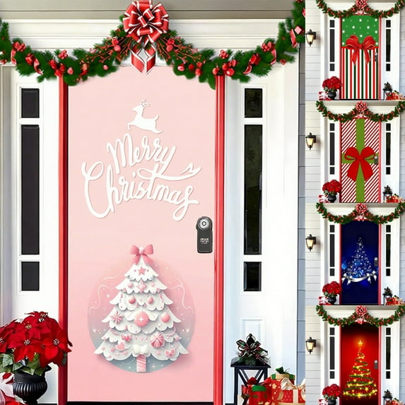 Yhmxh Christmas Door Cover Merry Christmas Decorations Red Gift Box Front Door Banner Christmas Backdrop Hanging Xmas Tree Front Door Covers Background Banner for Xmas Window Party Decor, 71"x35"