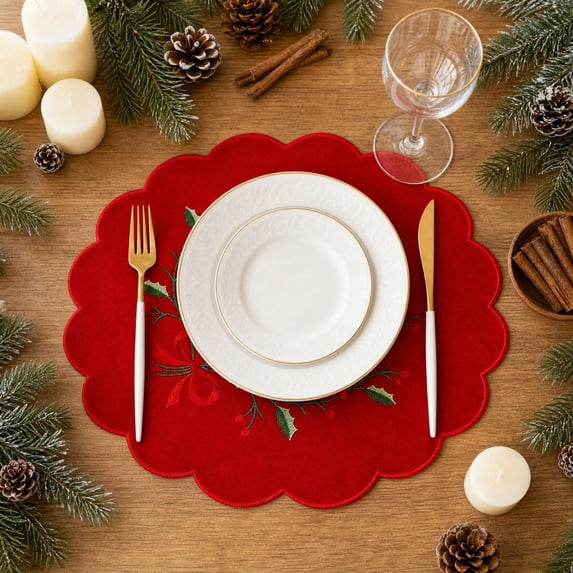 Yhmxh Christmas Embroidered Round Placemats, 11.81 Inch Scalloped Edge Red Holiday Table Mats, Washable Xmas Poinsettia Embroidery Decorative Table Placemat for Christmas Dinner Table Decoration
