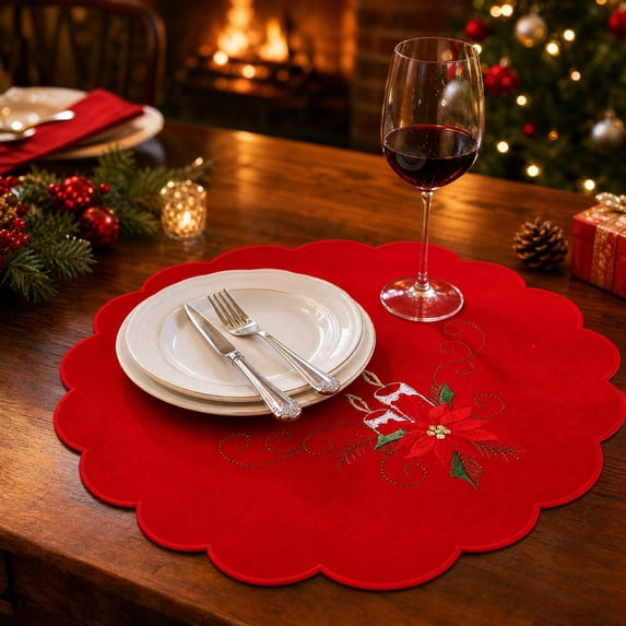Yhmxh Christmas Embroidered Round Placemats, 11.81 Inch Scalloped Edge Red Holiday Table Mats, Washable Xmas Poinsettia Embroidery Decorative Table Placemat for Christmas Dinner Table Decoration