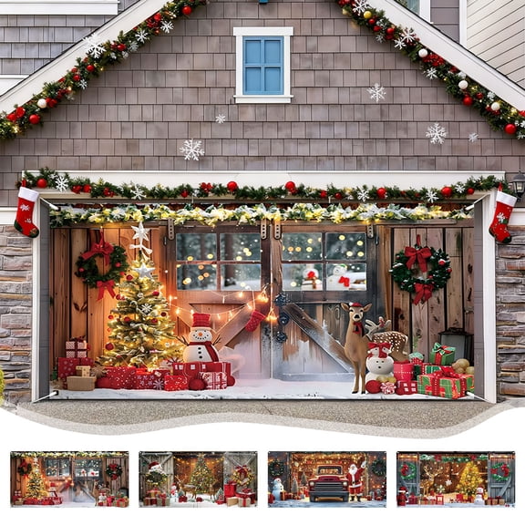 Yhmxh Christmas Garage Door Cover Decorations Banner Backdrop,6x13.2ft Large Hanging Winter Xmas Car Garage Door Cover, Wood Barn Snow Xmas Tree Wreath Gift Backdrop, Outdoor Holiday Decorations