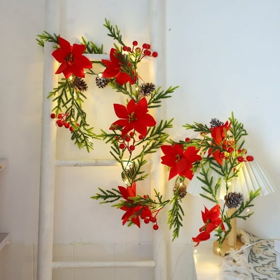 Yhmxh Christmas Garland with String Lights, 6.5 Ft 20 LED Pine Cone Red Berry Bells Garland Lights, Indoor Christmas Vines Decorations for Home and Fireplace Mantel Decor, Christmas Tree Decor