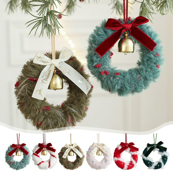 Yhmxh Christmas Hanging Ornaments Gold Bells, Christmas Tree Decoration with Red Bow, Small Plush Wreath Xmas Winter Party Hanging Decorations for Kitchen Cabinets, Window, Christmas Wreath Decor