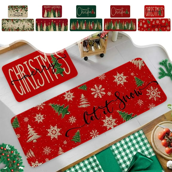 Yhmxh Christmas Kitchen Mats Set of 2, Holly Berry Xmas Tree Winter Farmhouse Kitchen Mats Rugs Washable Non Slip Low-Profile Welcome Door Mat for Indoor Floor Holiday Decor 16x24 and 16x47 Inch