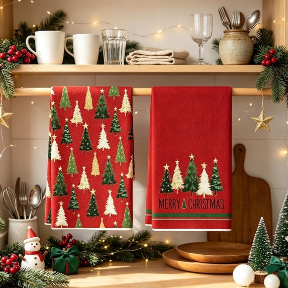 Yhmxh Christmas Kitchen Towels Set of 2, Christmas Tree Decorative Dish Towels, Absorbent Soft Holiday Hand Towels, Xmas Tea Towels for Kitchen Counter, Cooking, Christmas Decoration 15.75"x23.62"