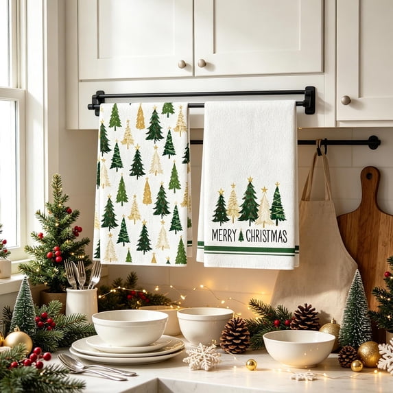 Yhmxh Christmas Kitchen Towels Set of 2, Christmas Tree Decorative Dish Towels, Absorbent Soft Holiday Hand Towels, Xmas Tea Towels for Kitchen Counter, Cooking, Christmas Decoration 15.75"x23.62"