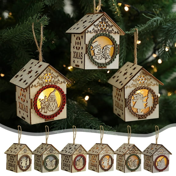 Yhmxh Christmas Light Up Wooden House Ornament, Christmas Village Houses for Christmas Hanging Decor, Lighted Christmas Village Accessories with Mini Xmas Miniature Tree Winter Snow Christmas Gift