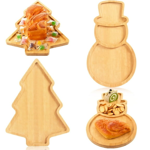 Yhmxh Christmas Serving Platters Christmas Tree and Snowman Shaped Wood Trays Winter Bamboo Charcuterie Boards Decorative Wood Snack Dish Plates for Xmas Holiday Housewarming Presents