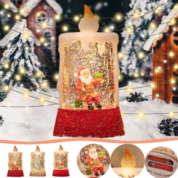 Yhmxh Christmas Snow Clear Lantern, Battery Operated Candle Shaped Snow Lantern with Glittering Lighted Christmas Tree Snowman Candle Light Festival Gift Lighted Decorations for Home