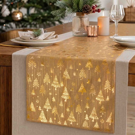 Yhmxh Christmas Table Runner 108.26 x 11.02 Inch, Gold Foil Christmas Tree Pattern Table Runner, Holiday Decorative Table Decor for Dining Table, Xmas Party, Farmhouse Indoor Home Decor