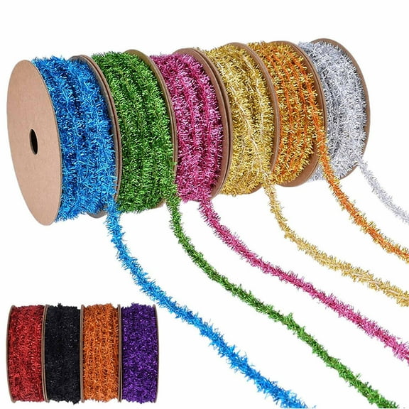 Yhmxh Christmas Tinsel Ribbon, 1/2" x 10 Yards Metallic Tinsel Gift Wrap Wired Cord Glitter Garland Thin Ribbon Decorations for Christmas Tree Wedding Birthday Party Indoor Wrapping Decor Supplies