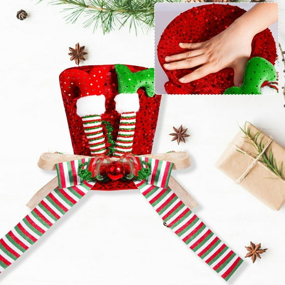 Yhmxh Christmas Tree Topper Hat, Large Red Tree Topper with Elf Legs and Bow Ribbon Ornament, Xmas Sequins Tree Topper Top Hat for Home Office Winter Holiday Tree Decoration Xmas Gift