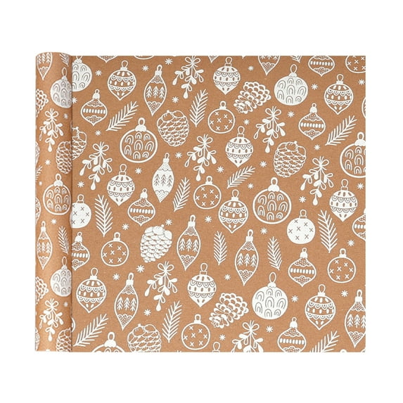 Yhmxh Christmas Wrapping Paper Roll, Brown Kraft Paper with Vintage White Christmas Tree, Pine Needle, Merry Christmas Letterings Wrapping Paper for Christmas, NewYear Celebration - 17 x 120 Inch