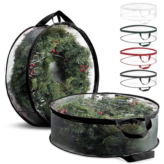 Yhmxh Clear Christmas Wreath Storage Container, 24 Inches Xmas Wreath Storage Bag, Plastic Christmas Garland Container Protector with Dual Zippers and Reinforced Handles for Xmas Seasonal Wreath