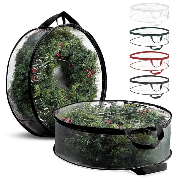 Yhmxh Clear Christmas Wreath Storage Container, 30 Inches Xmas Wreath Storage Bag, Plastic Christmas Garland Container Protector with Dual Zippers and Reinforced Handles for Xmas Seasonal Wreath