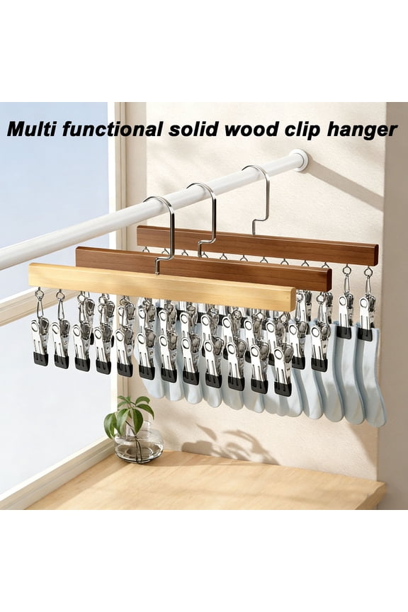 Clothes Drying Racks Clip Hangers, Wooden Clothes Hanger with 12 Metal Clips, Windproof Clips Drying Rack for Drying Socks Bras Underwears, Hats Scarfs Towels Pants and Gloves