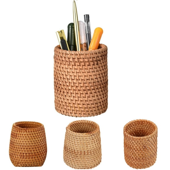 Yhmxh Compact Woven Rattan Pen Holder, Khaki Multi-Functional Pencil Cup Office Desk Organizer for Pens, Pencils, Makeup Brushes and Mini Flower Arrangements, Space-Saving Decorative Basket for Home