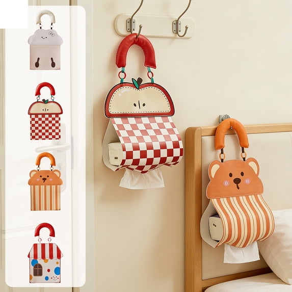 Yhmxh Cute Cartoon Hanging Tissue Holder, Foldable Leather Paper Towel Storage Bag with Handle, Wall Mounted Dispenser for Bathroom, Bedroom, Kitchen & Car Decor