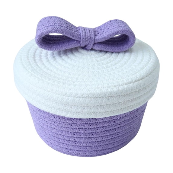 Yhmxh Cute Cotton Rope Storage Basket with Lid & Bow Decor, Small Round Woven Lidded Organizer Bin, Handmade Decorative Container for Candy Cosmetics Desktop Bedroom Fall Home Tabletop Decor