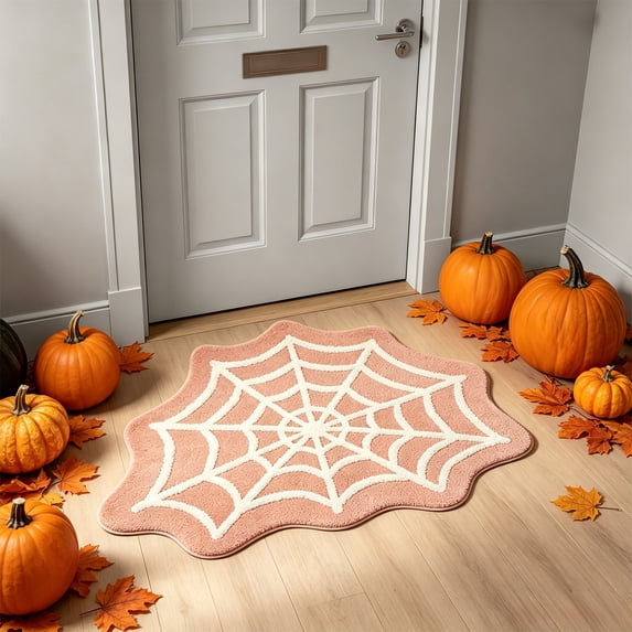 Yhmxh Cute Halloween Bath Mat, Spider Web & Ghost Doormat, Soft Fluffy Non Slip Absorbent Plush Area Rugs, Black White Spooky Decorative Floor Mat for Bathroom Front Door Bedroom Halloween Home Decor