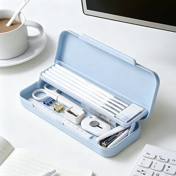 Yhmxh Cute Plastic Pencil Box, Double Layer Hard Pencil Case, Portable Snap Closed Stationery Storage Box, Lightweight Durable Rectangular Pen Holder for Office Art Supplies Organizer