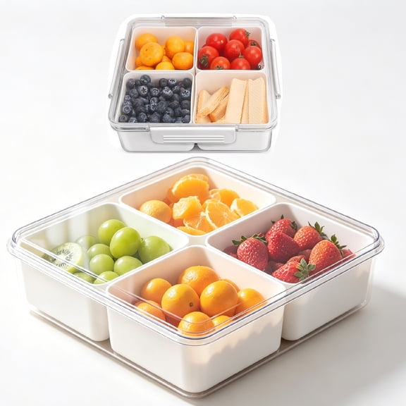 Yhmxh Divided Serving Tray with Lid for Veggie Charcuterie Container Portion Control Salad Keeper with 4 Removable Boxes Stackable Refrigerator Organizer Bins Food Storage Organizer Produce Saver