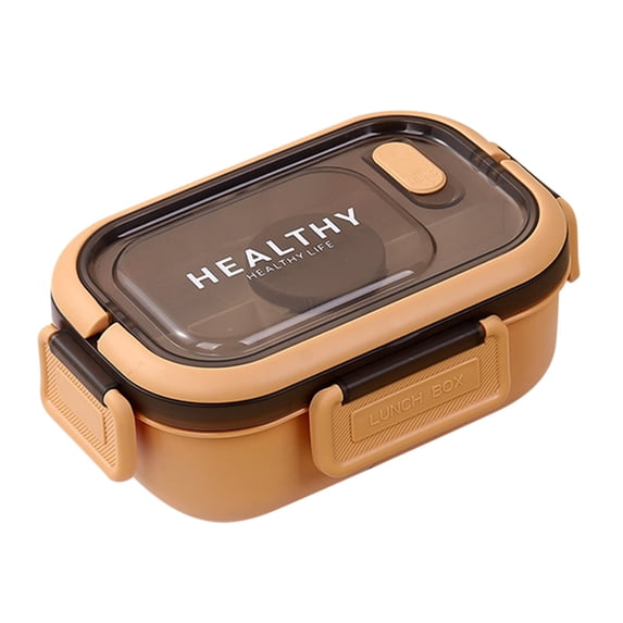 Yhmxh Double Layer Lunch Box with Spoons and Forks, Portable Bento Box with Foldable Handle, Easy to Clean Leak-Proof Food Storage Container with Tableware for Work Picnics and Travel (Brown, 40oz)