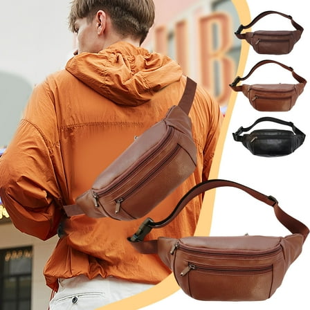 Yhmxh Double Pocket Crossbody Fanny Pack Running Belt for Men Women, Genuine Leather Waist Bag Slim Shoulder Bag Hip Purse Adjustable Belt Strap Casual Pouch Outdoor Day Bag (Red)