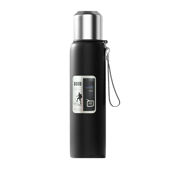 Yhmxh Double Wall Vacuum Insulated Thermo Bottle, 1000ml/33.8oz Food-Grade 316 Wide Mouth Opening Water Bottle with Cup and Leather Strap, Portable Climbing Bottle for hot and cold Drink (Black)