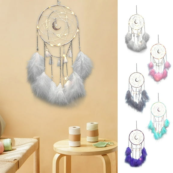 Yhmxh Dream Catcher Moon Wind Chimes with LED Light, Handmade Feather Tassels Dreamcatcher with Pompoms for Car Bed Room Wall, Boho Hanging Decoration for Wedding Home Decor (White)