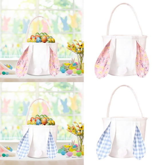 Yhmxh Easter Bunny Baskets with Long Ears, Empty Egg Hunt Bags,Canvas Cotton Personalized Candy Egg Basket Rabbit Buckets with Handle for Carrying Candy Cute Stuffed Easter Festival Gifts