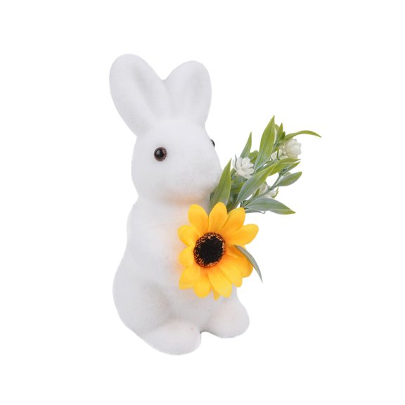 Yhmxh Easter Bunny Decorations, Plush Flocked Resin Rabbit Figurines with Holding Flower, Furry Easter Bunny Statue for Spring Home Office Table Decor, Party Supplies Gifts for Kids and Friends