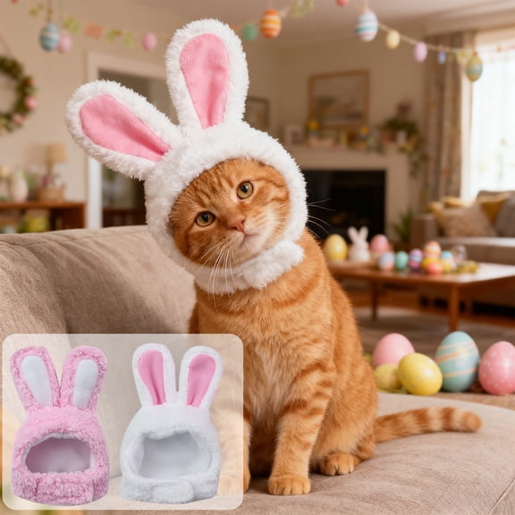 Yhmxh Easter Cat Costume Bunny Rabbit Hat with Ears, Cat Adorable Bunny Hat for Cats & Small Dogs - Perfect Easter Halloween Christmas Pet Costume Accessory