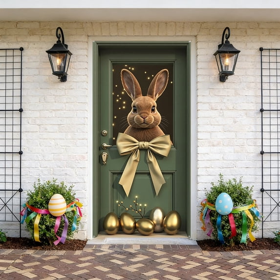 Yhmxh Easter Door Banner Happy Easter Porch Banner Rabbit Porch Banner Logo Welcome Sign Front Door Decoration Hanging Welcome Easter Eggs Seasonal Outdoor Decoration 35.43"x70.87"