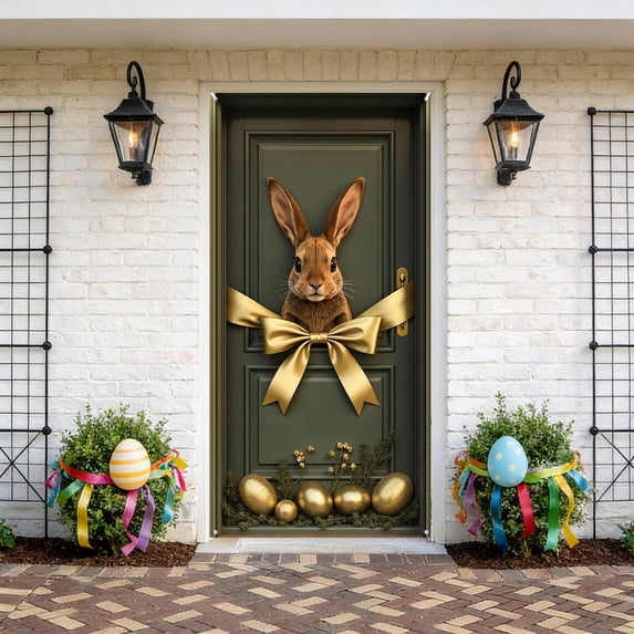 Yhmxh Easter Door Banner Happy Easter Porch Banner Rabbit Porch Banner Logo Welcome Sign Front Door Decoration Hanging Welcome Easter Eggs Seasonal Outdoor Decoration 35.43"x70.87"